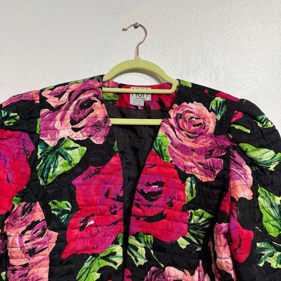 Nuit Black Floral Silk Cropped Vintage Bolero Jacket Sz M - Picture 3 of 10